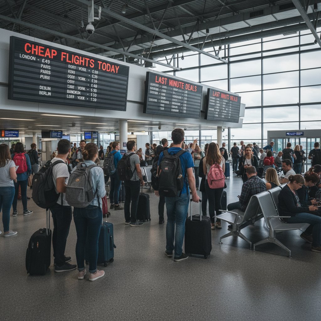 Gritty airport scene with fluctuating price boards and travelers eyeing deals
