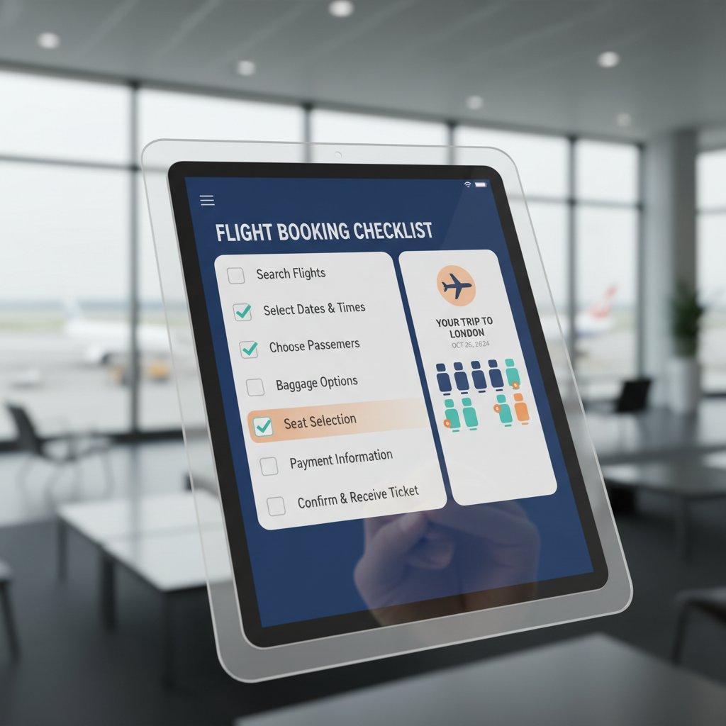 Visual checklist overlaying a digital interface, representing smart steps for booking transformation flights