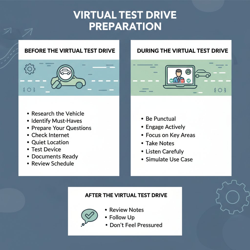 Checklist for virtual test drive preparation, including VR headset, notes, and user in focused environment