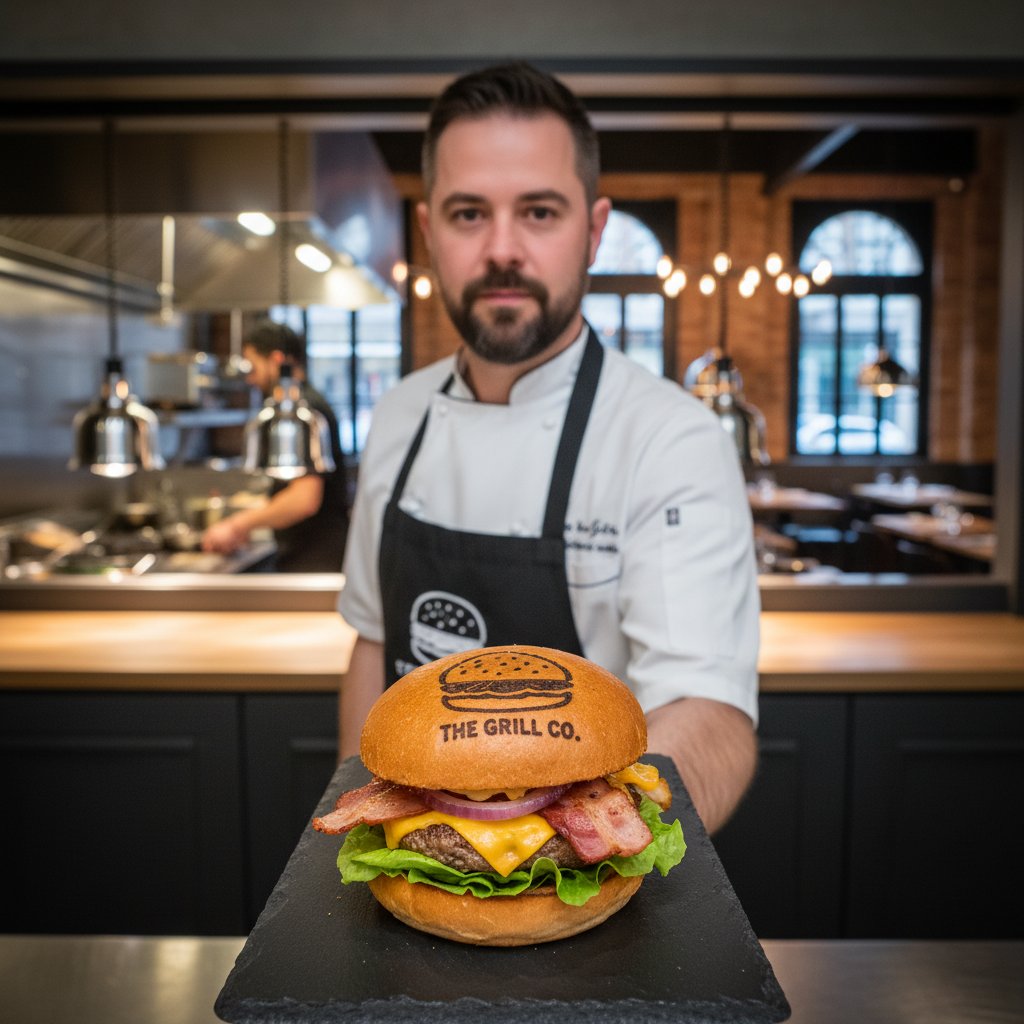Szef kuchni testujący drukowanego burgera w nowoczesnej restauracji