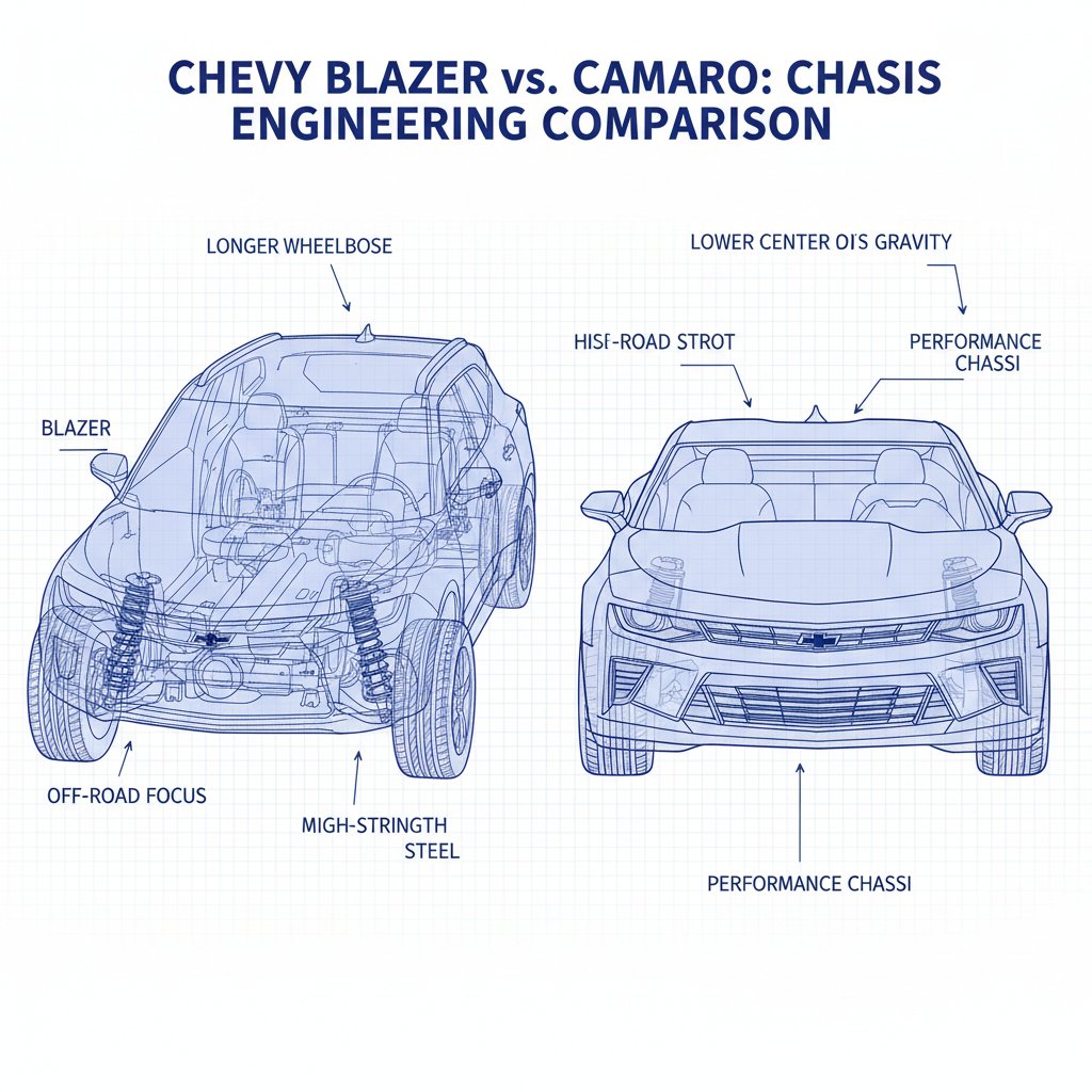 Technical diagram comparing Chevy Blazer and Camaro chassis, 2025 SUV vs sports car platform differences