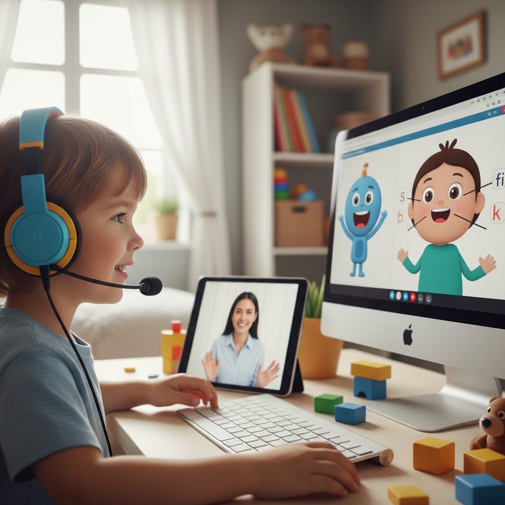 Dziecko podczas terapii logopedycznej online, komputer, mikrofon, notatki