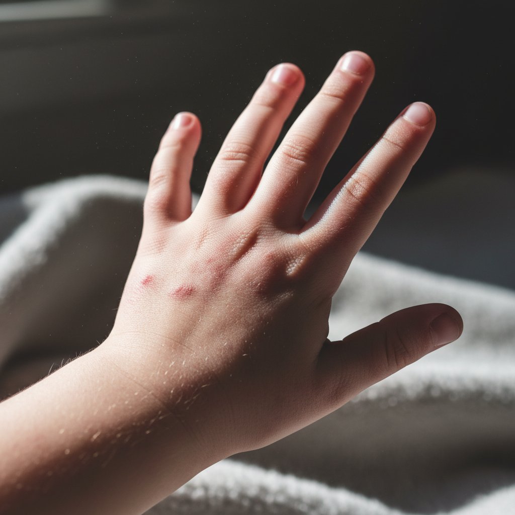 Dziecięca dłoń z delikatną wysypką w nastrojowym świetle, objaw gorączki z wysypką