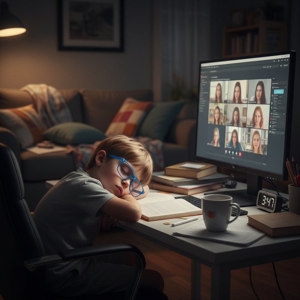 Dziecko zmęczone nauką przy komputerze, wyraźnie niechętne dalszej pracy online