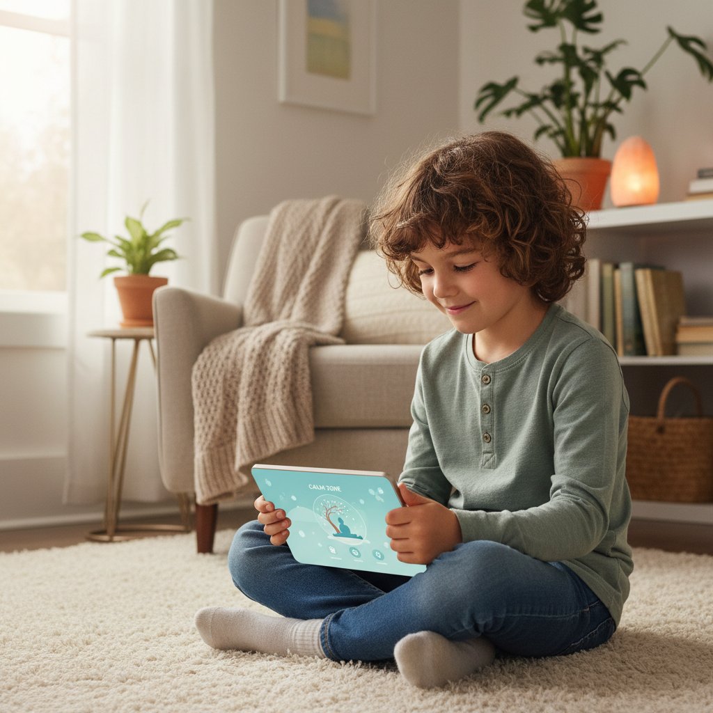 Dziecko korzystające z aplikacji mindfulness na tablecie, spokojna atmosfera