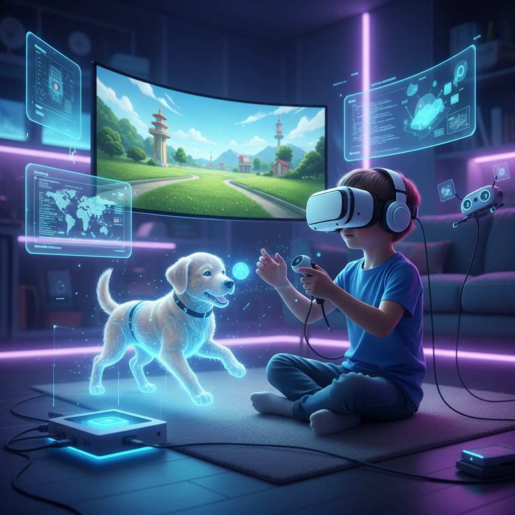 Nowoczesne technologie VR i AI używane przez dziecko grające w symulator psa