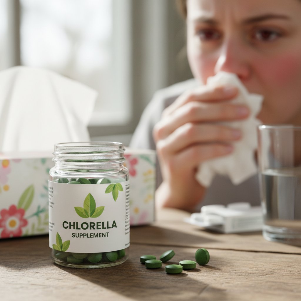 Tabletki chlorelli i spiruliny na dłoni osoby z widocznymi objawami alergii