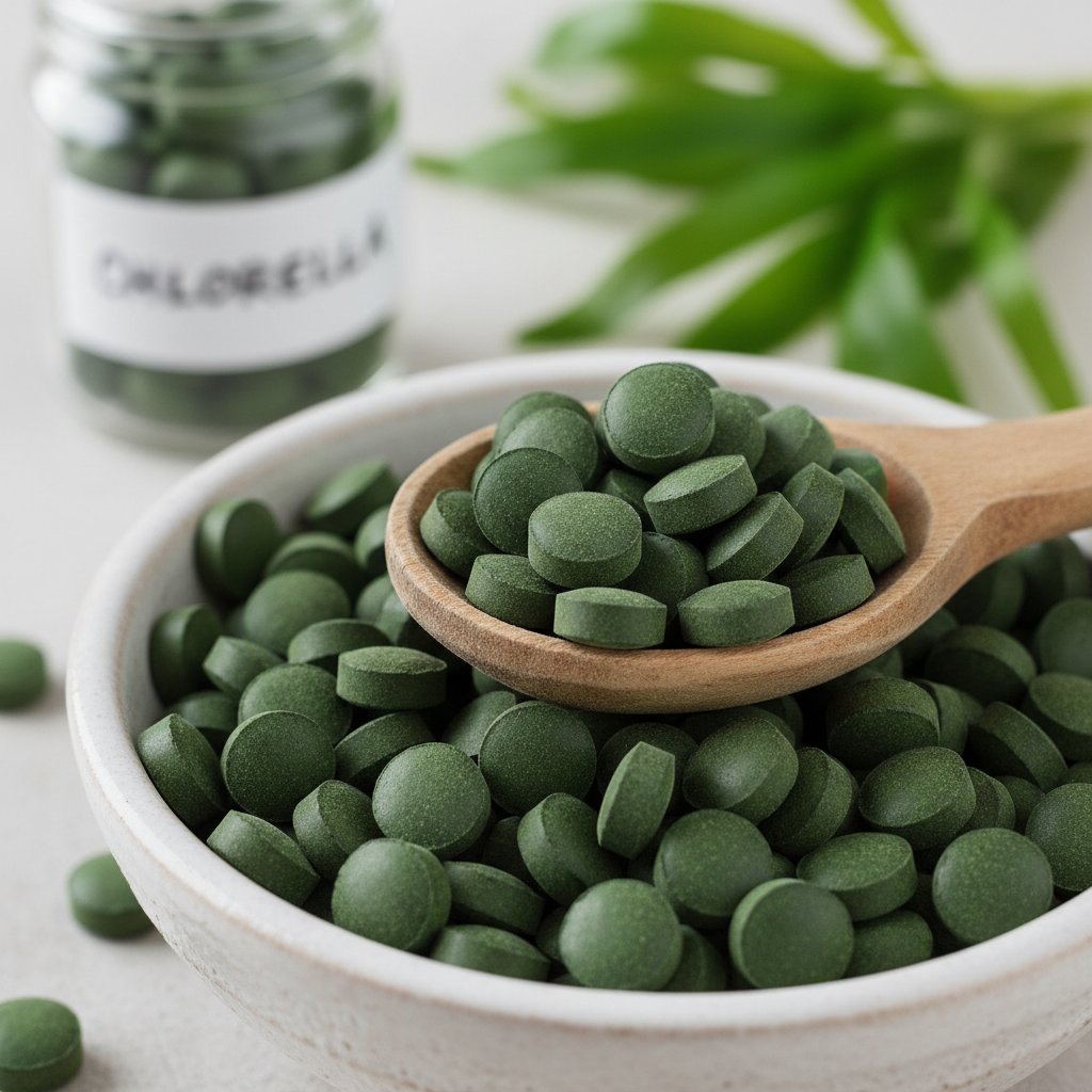 Porównanie tabletek chlorelli i spiruliny w dłoni, podkreślające różnice w kolorze i teksturze