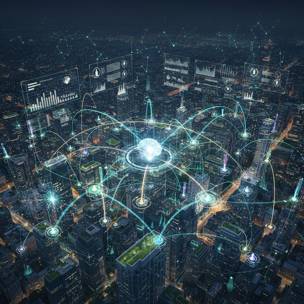 Cityscape at dusk with digital data paths overlaying roads and homes, illustrating AI-driven accommodation allocation