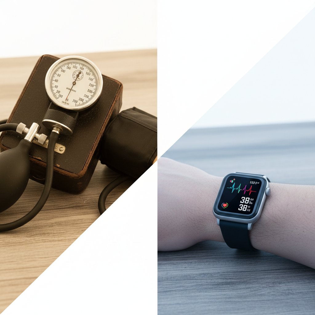 Klasyczny ciśnieniomierz rtęciowy i nowoczesny smartwatch obok siebie na drewnianym stole – kontrast tradycji i innowacji