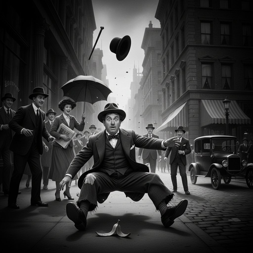 Classic comedic everyman in black-and-white caught in a bustling city street mishap, high contrast, vintage mood