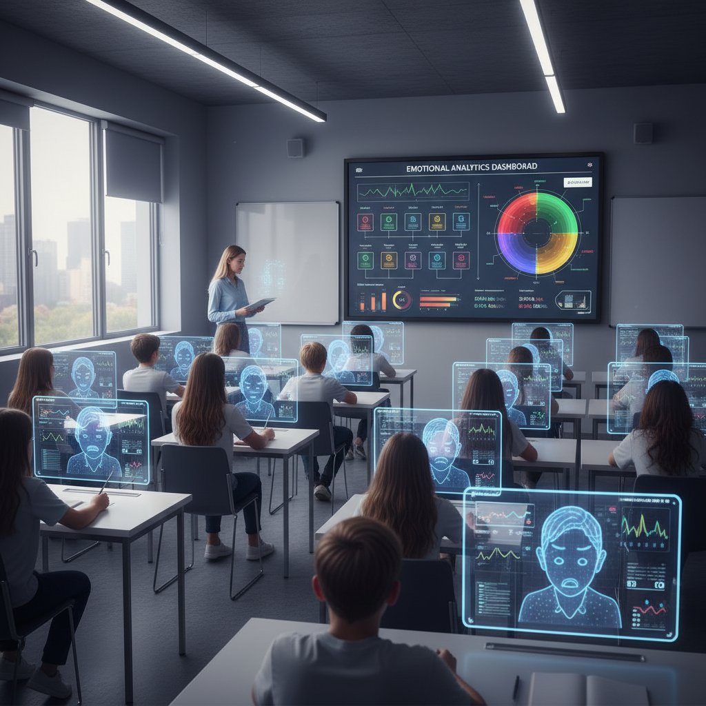 Scena w klasie z cyfrowymi awatarami i analizą emocjonalną – AI w edukacji