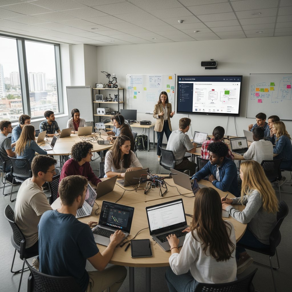 Sala edukacyjna z młodymi ludźmi korzystającymi z inteligencja.ai – praktyczne zastosowanie AI