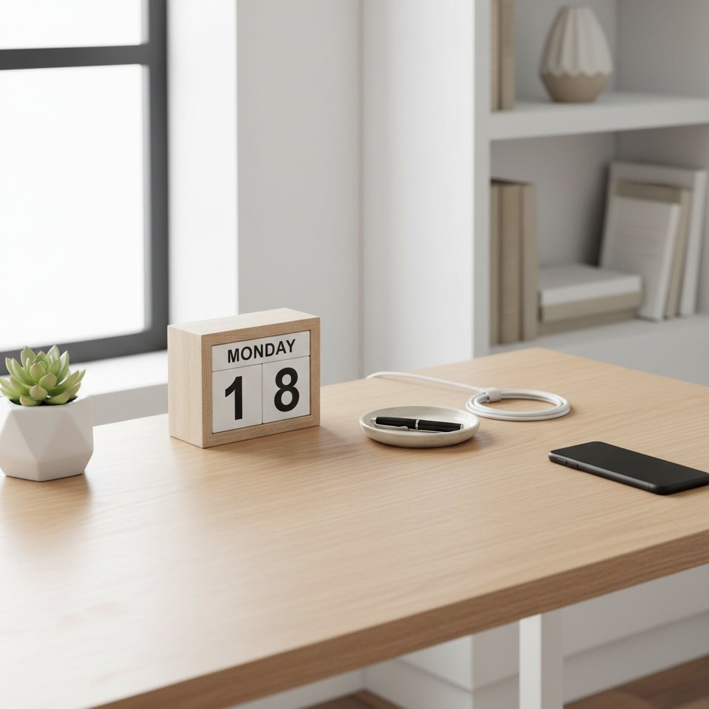 Photo of a minimalist workspace with a single open laptop, calendar app, and a paper notebook, symbolizing clarity in scheduling
