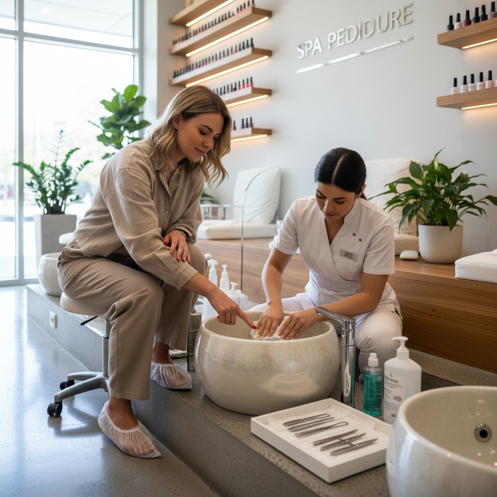 Klientka oceniająca czystość salonu pedicure, dyskretne sprawdzenie standardów