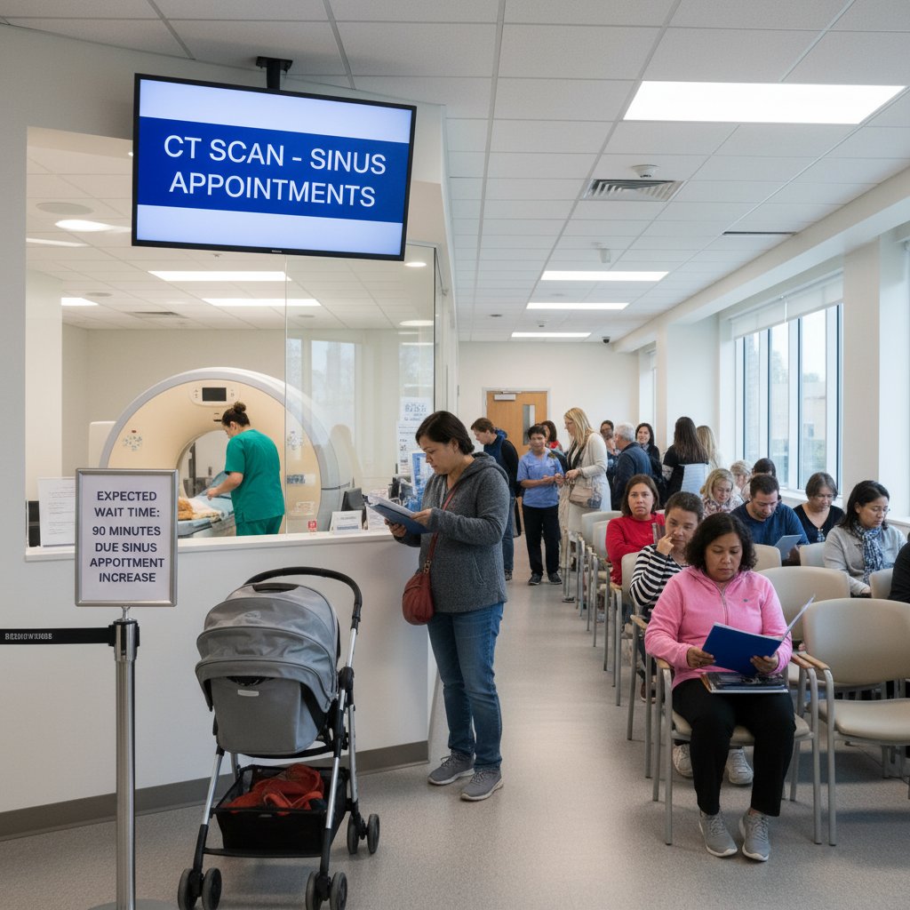 Gabinet radiologiczny z kolejką pacjentów czekających na tomografię zatok, dynamiczna scena
