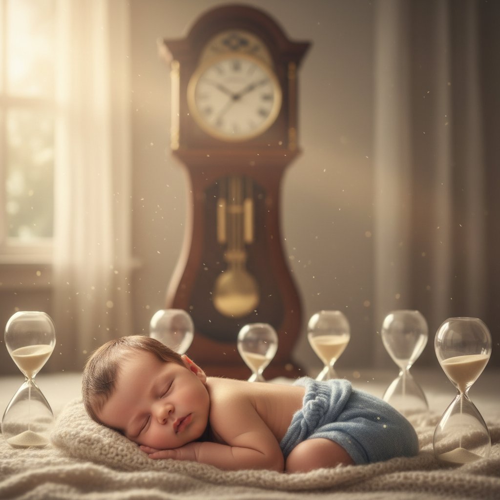 Zegar wskazujący czas, noworodek w tle, symbolizujący upływ czasu testu Apgar
