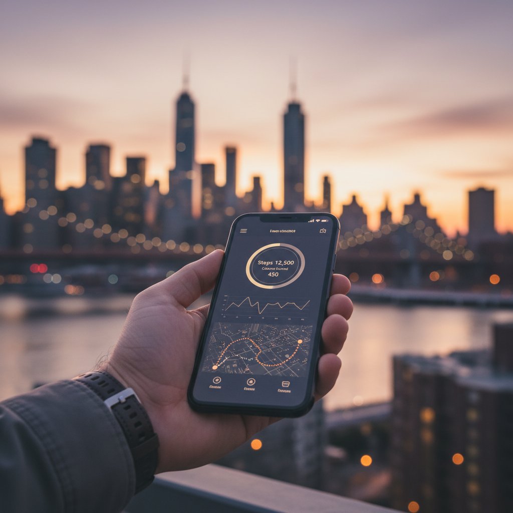 Smartfon z aplikacją zdrowotną na tle miasta, ocena zdrowia w domu