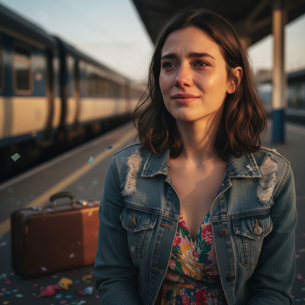 Intimate close-up, protagonist half-smiling in ambiguous setting, soft lighting, bittersweet comedy ending, 16:9