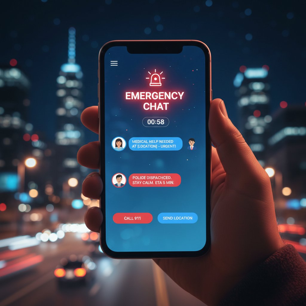 Zbliżenie na smartfon z aktywnym czatem alarmowym w aplikacji, nocna sceneria w tle