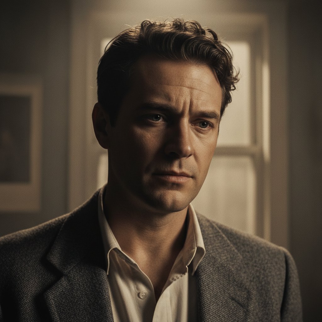 Close-up of actor’s face, ambiguous emotion, vintage film lighting, thought-provoking, emotional movie scene