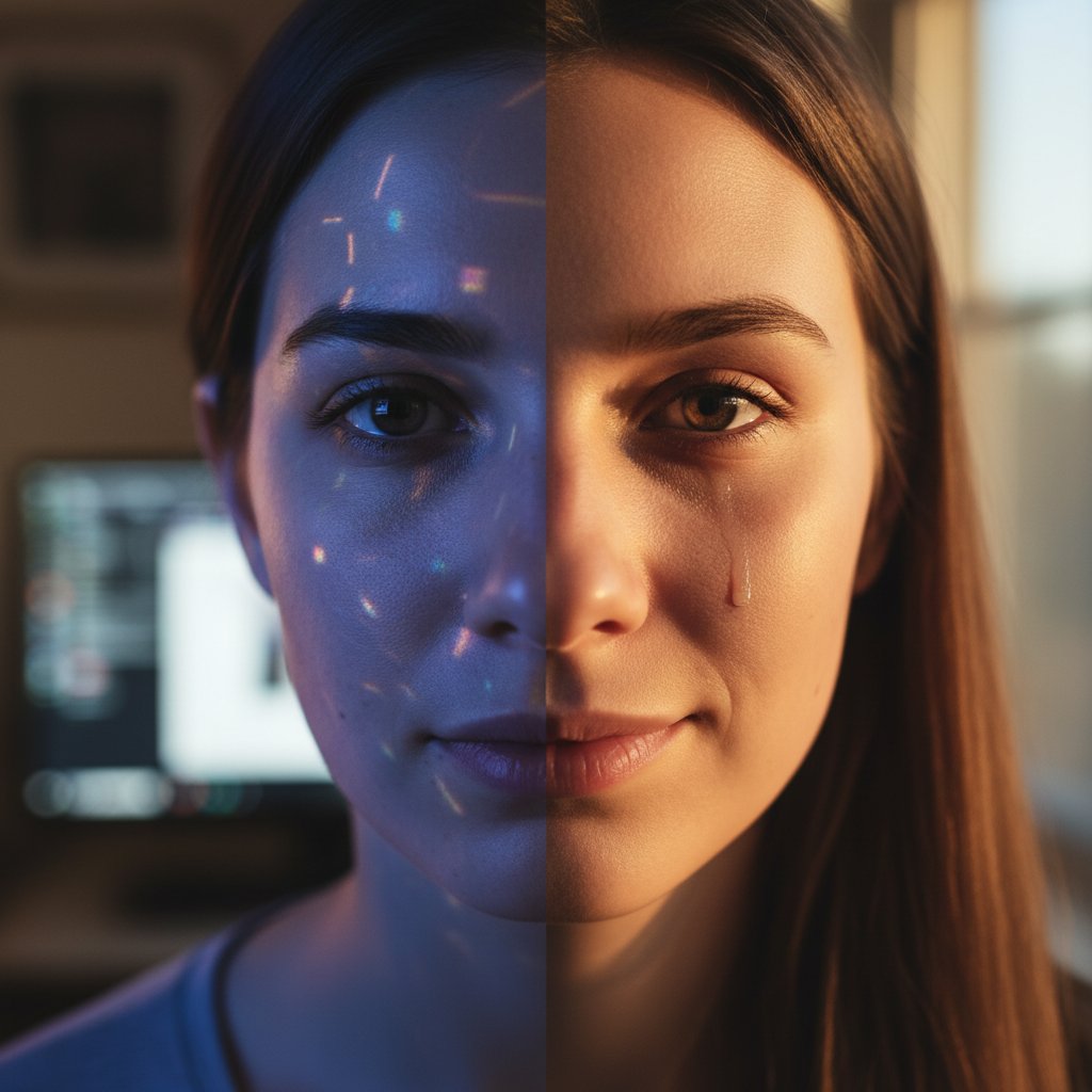 Twarz oświetlona światłem ekranu i naturalnym, symbol technologii i emocji