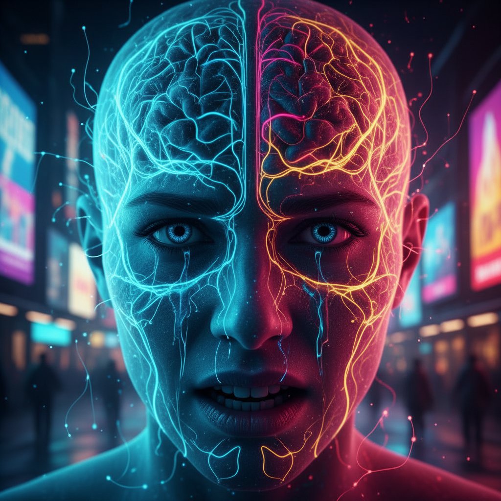 Zbliżenie na twarz osoby w kryzysie, pod światłem neonów, symbolizujące walkę mózgu z uzależnieniem; słowa kluczowe: neuron, uzależnienie, walka