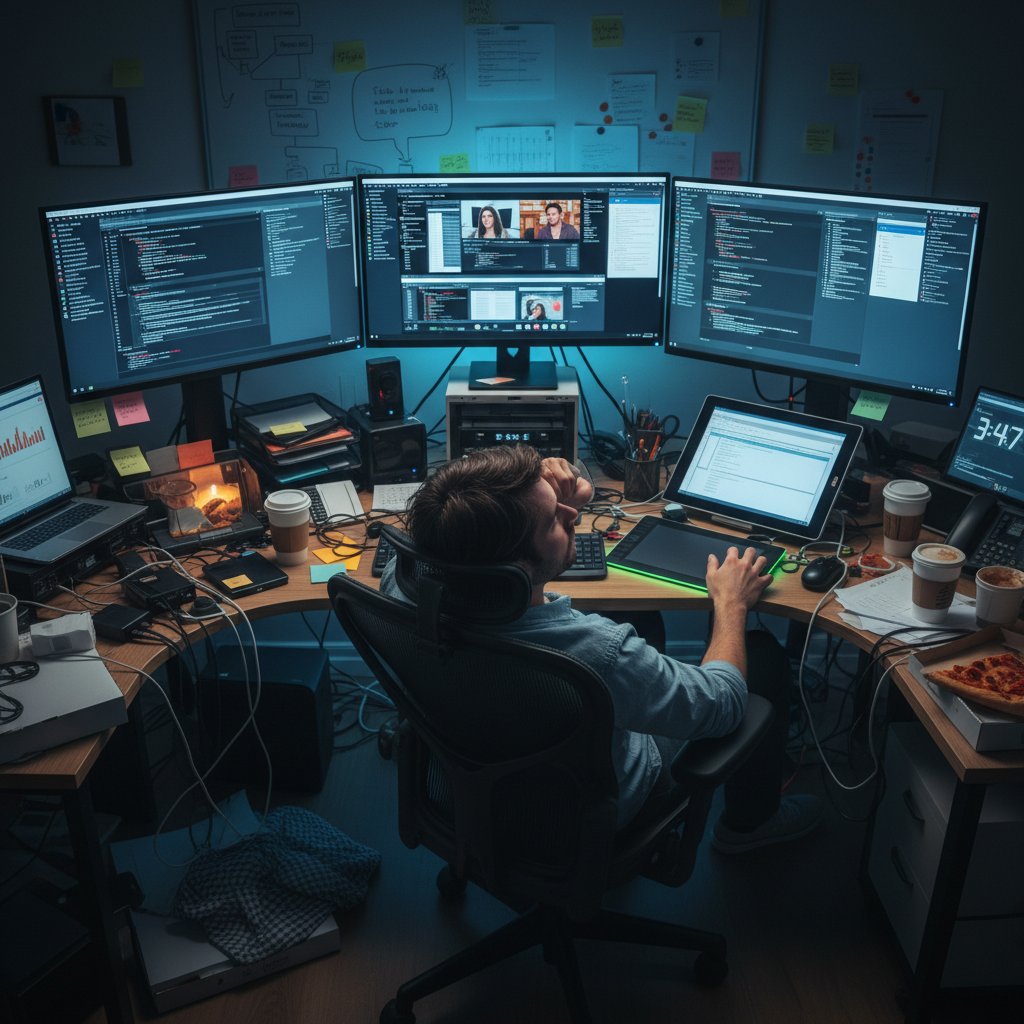 A stressed worker at a cluttered desk surrounded by digital and analog tools, symbolizing overwhelming workload