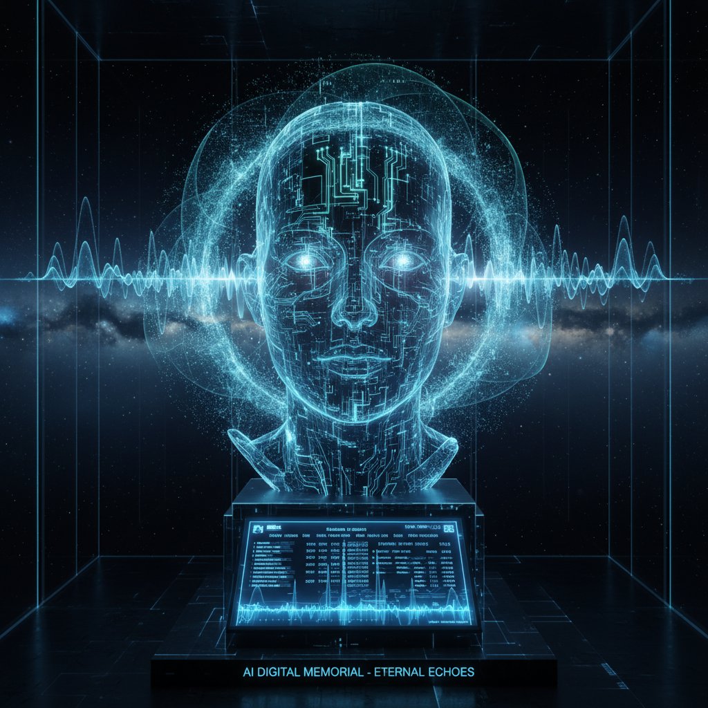 Close-up of code and soundwaves overlaying a human face, reflecting the fusion of technology and humanity in AI memorials