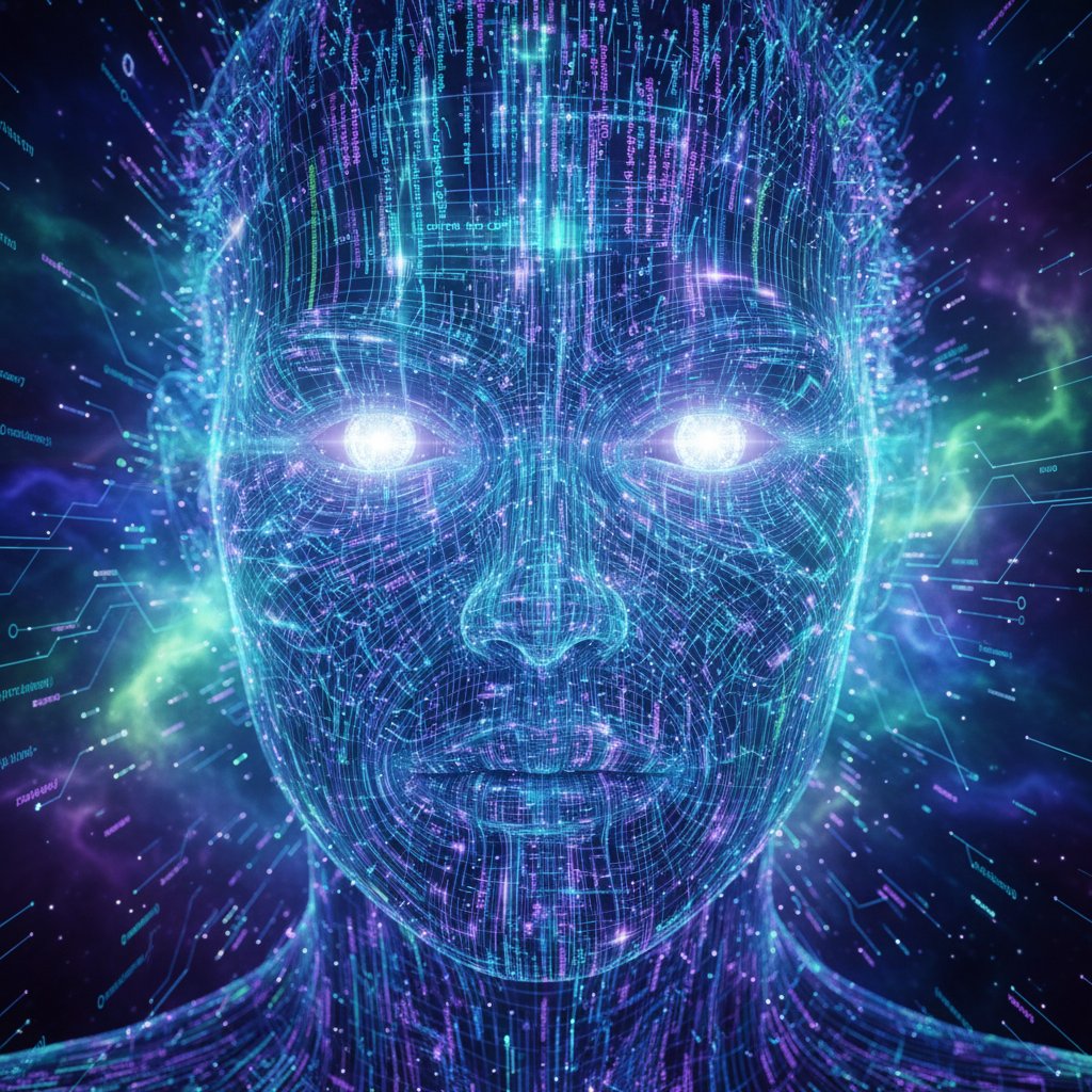 Code transforming into a digital human likeness, captured as a close-up on code morphing into a human face in cool tones