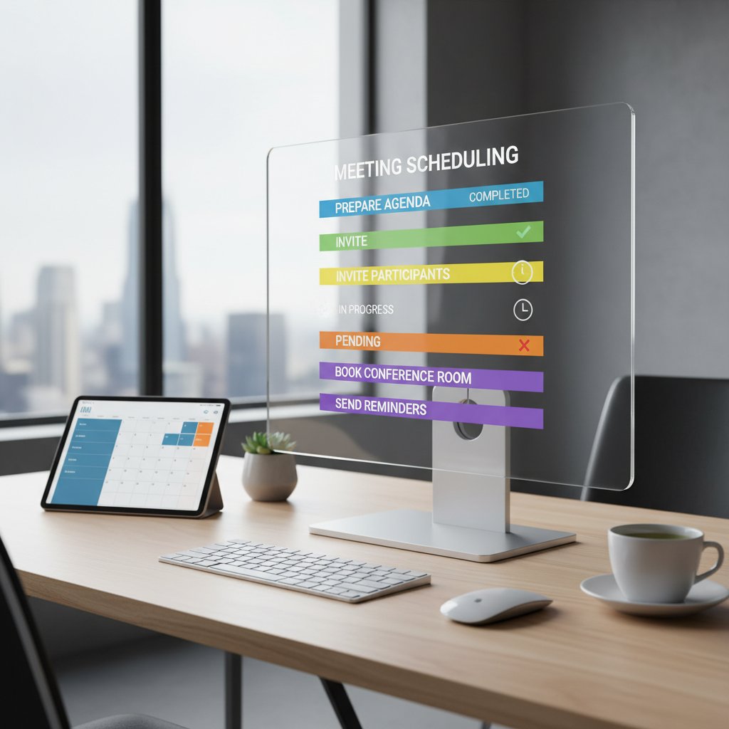Bulletproof meeting scheduling checklist, color-coded on a modern workspace