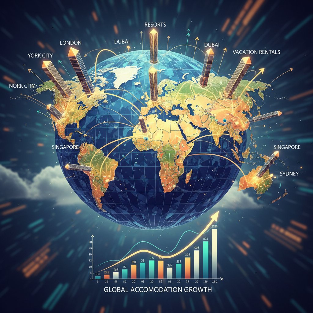 Colorful world map highlighting breakout cities for accommodation growth and regional disparities