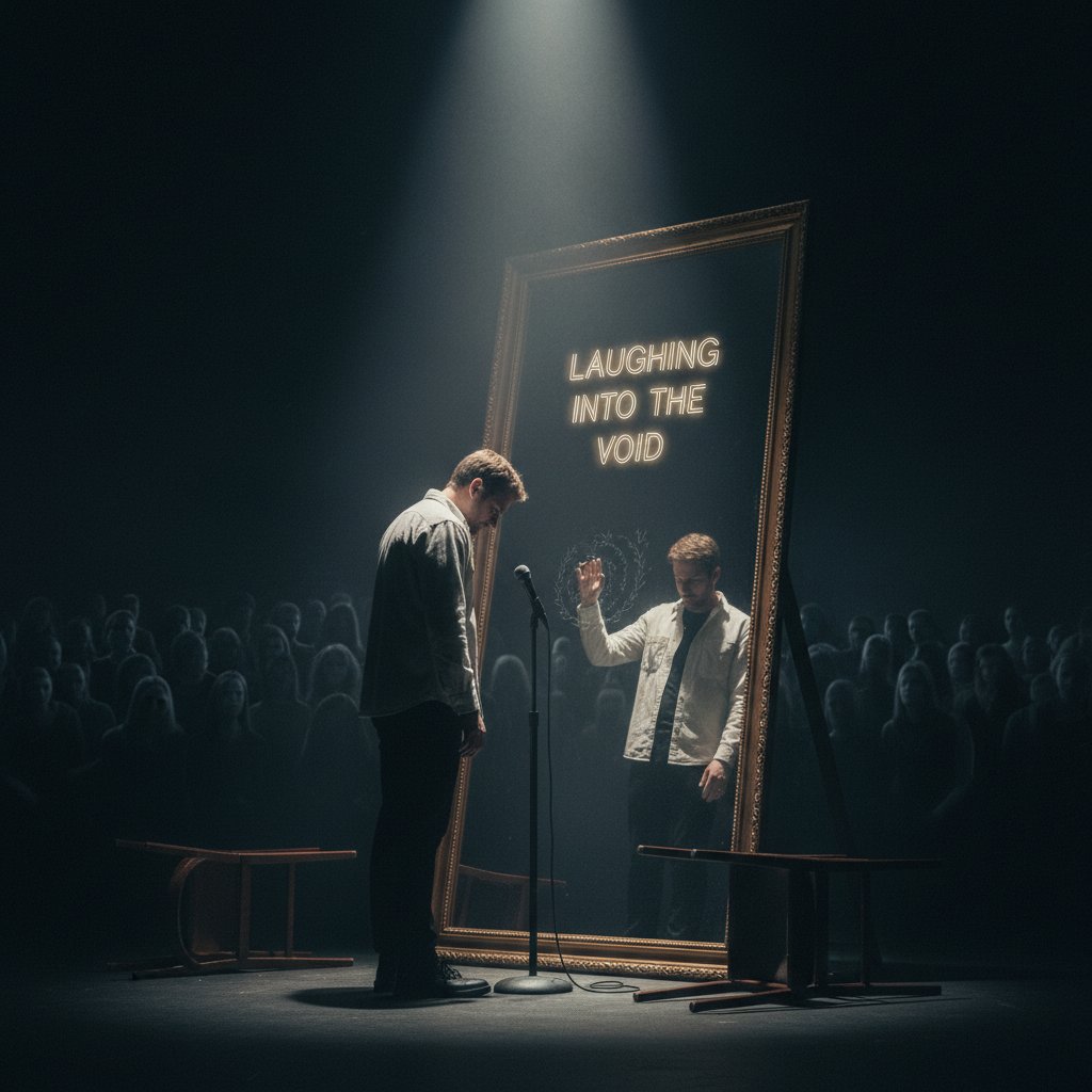 Comedian using humor to comment on society, symbolic style, dark stage, mirror, spotlight, contemplative mood