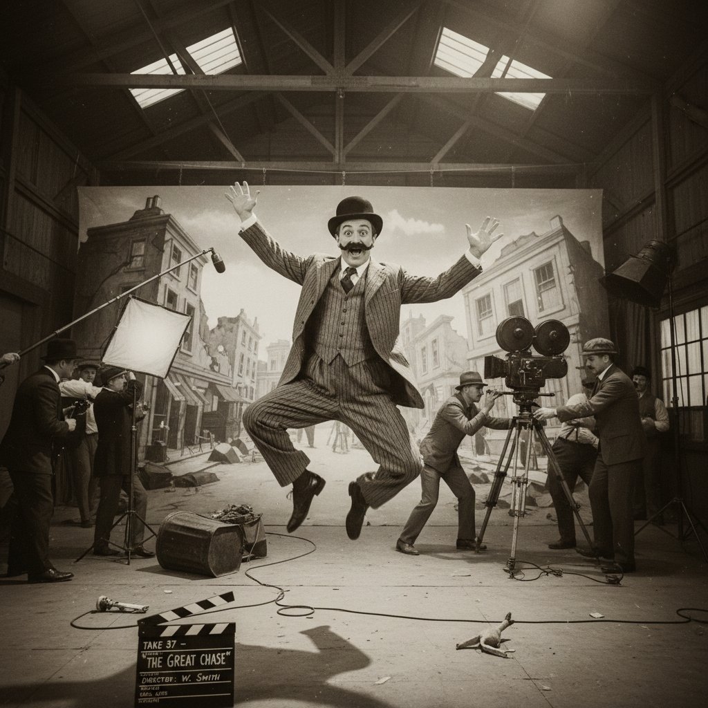 Stylized portrait of a vintage comedian on set, energetic pose, 1950s lights and film reels