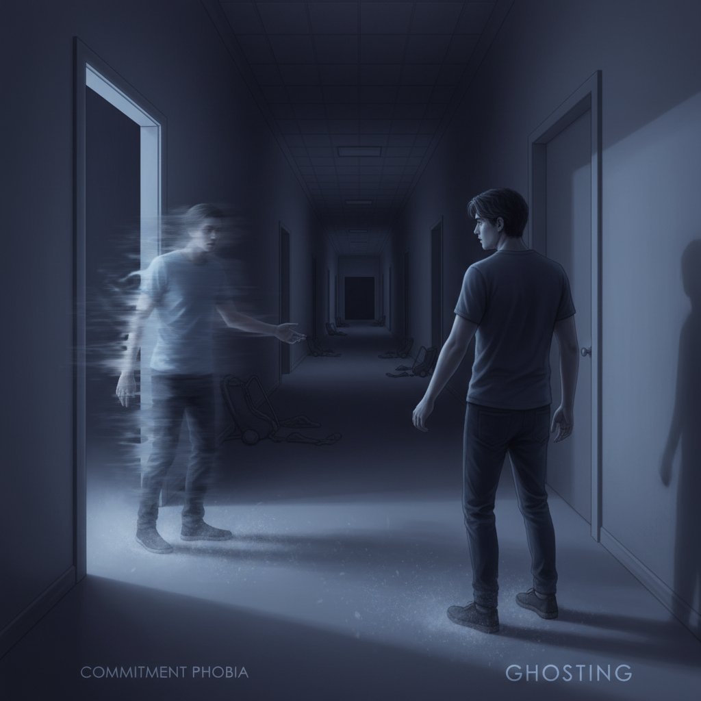 Shadowy figure leaving through a doorway, symbolizing emotional withdrawal and avoidance in relationships, keywords: commitment phobia, ghosting