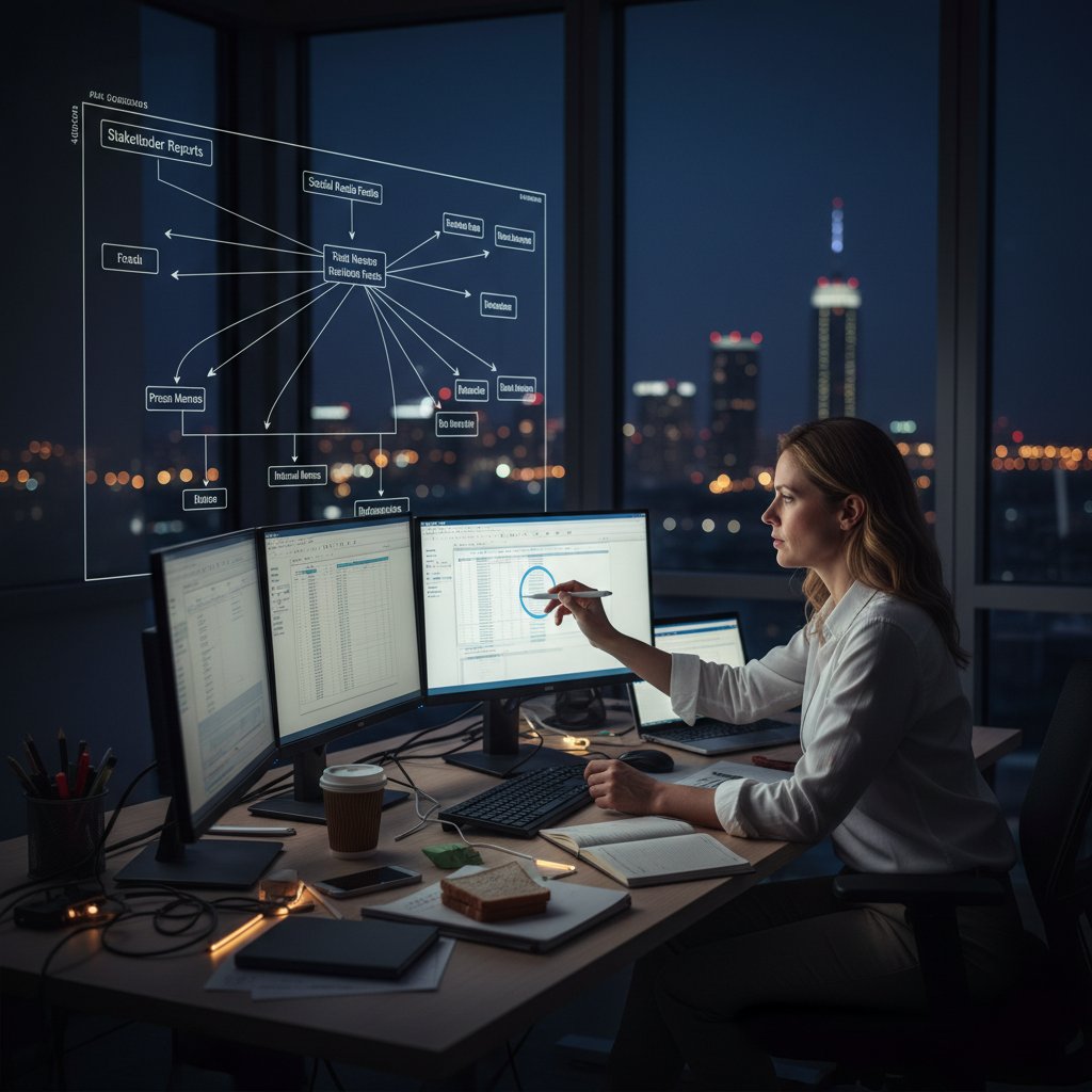 Communication coordinator working late to align team information flows, reflective and determined
