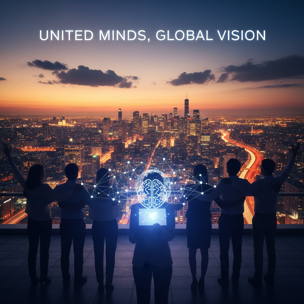 Symbolic photograph of a team in silhouette against a glowing cityscape, visualizing communication shaping corporate culture