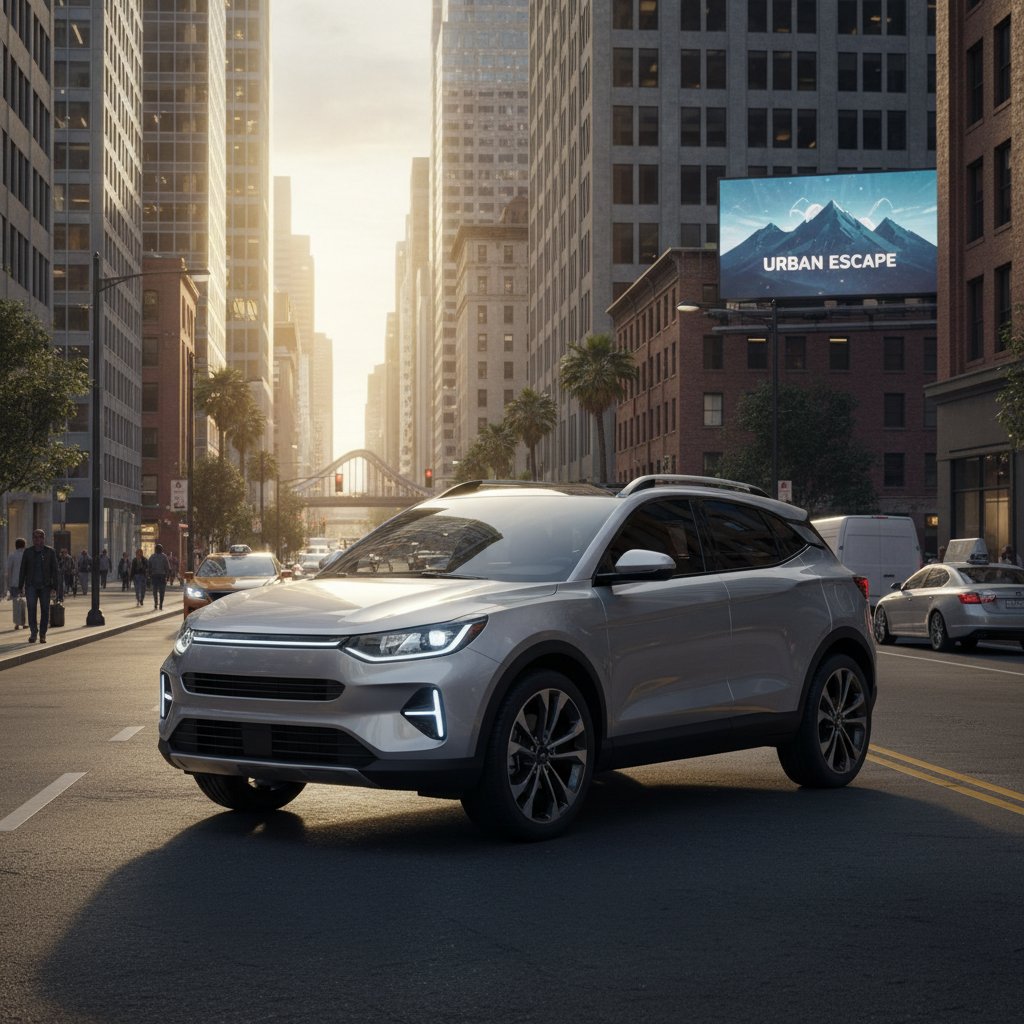 Photo of a compact SUV parked on a city street, highlighting versatility and modern design