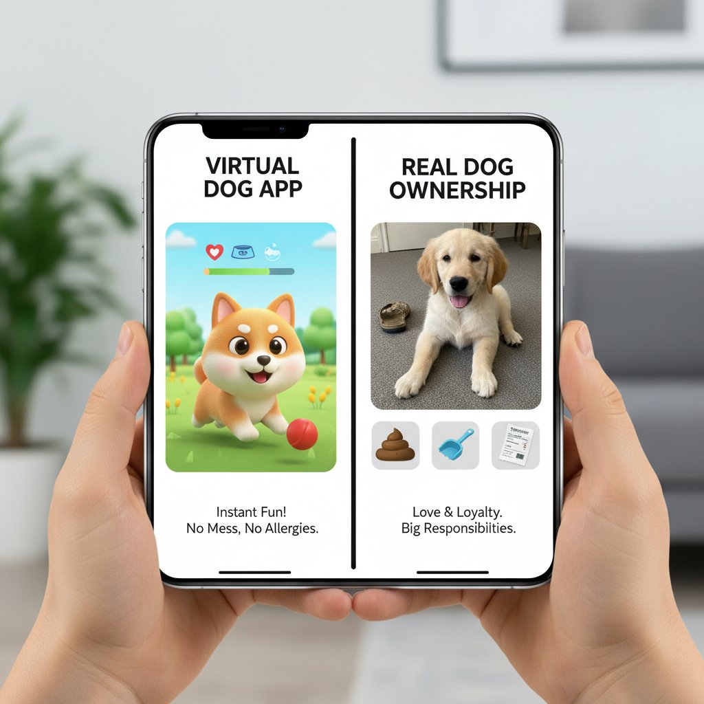 Osoba porównuje różne aplikacje adopcji wirtualnych psów na smartfonie