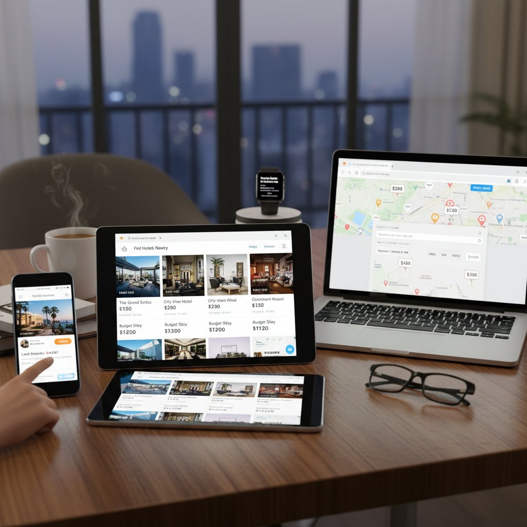 Traveler comparing hotel prices on two devices, modern setting, analytical mood, hotel price prediction