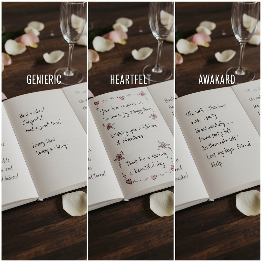 Comparison of different guestbook messages—generic, heartfelt, and awkward, clean split-screen visual