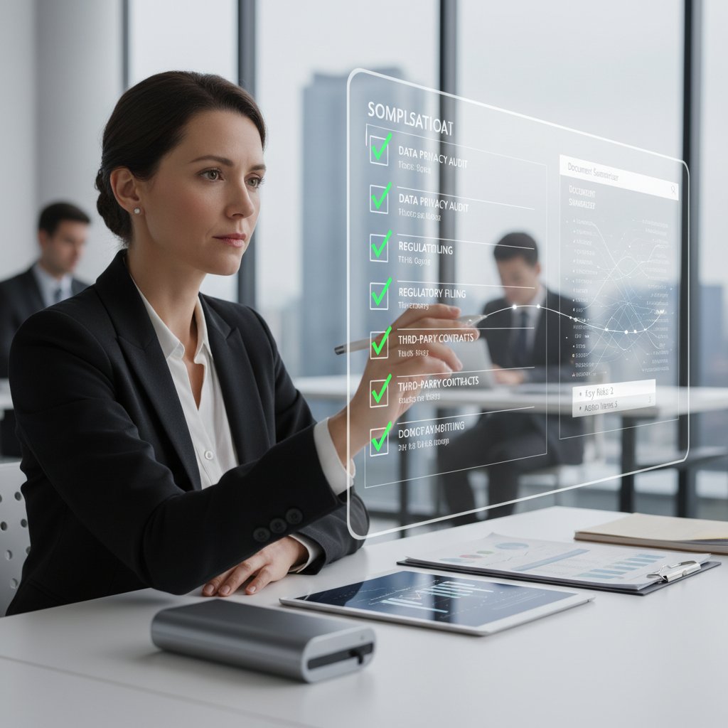 Over-the-shoulder photo of a compliance manager checking items on a digital compliance checklist for document summarizer for compliance management