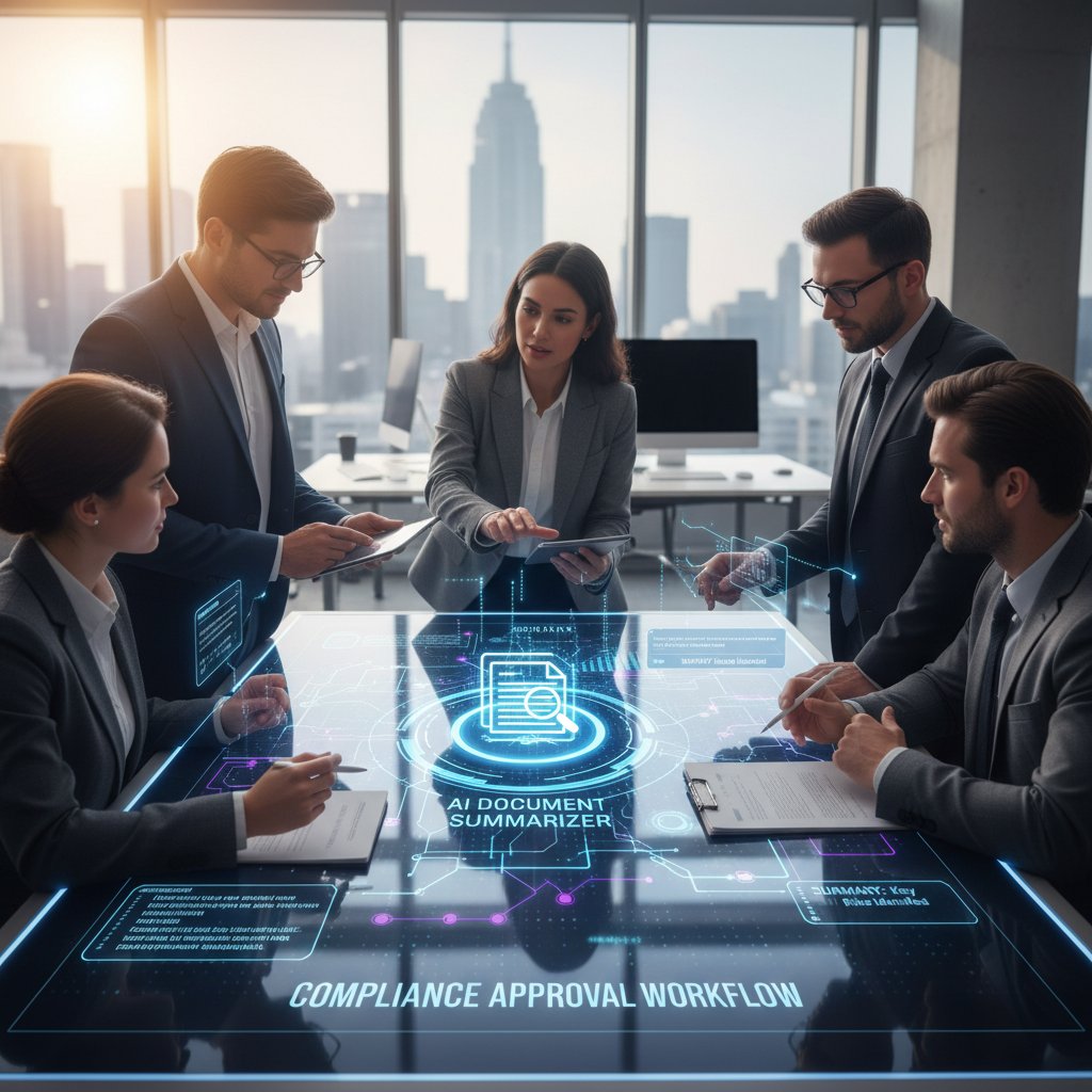 Workflow diagram photo: Compliance team collaborating with AI tools, illustrating seamless document summarizer integration for compliance management