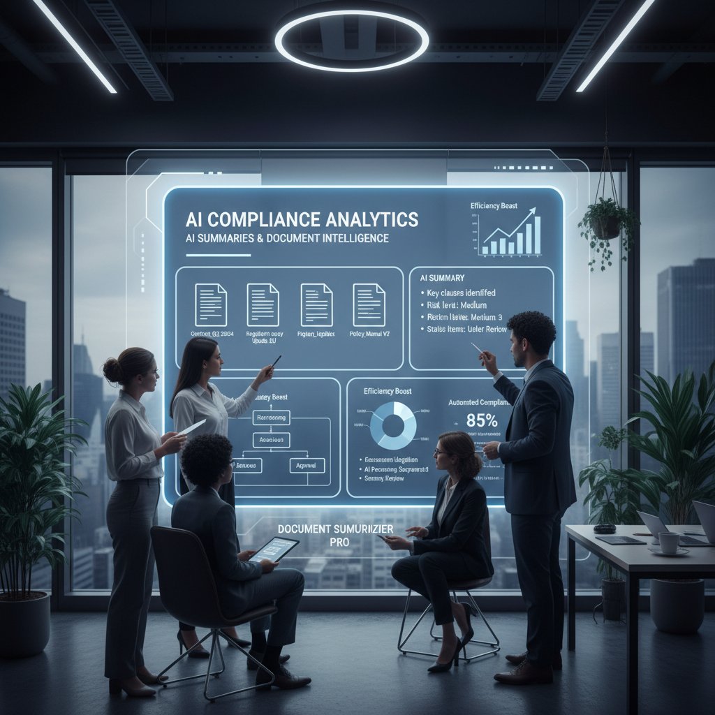 Professional scene of a compliance team reviewing digital dashboards, leveraging AI summaries for document summarizer for compliance management