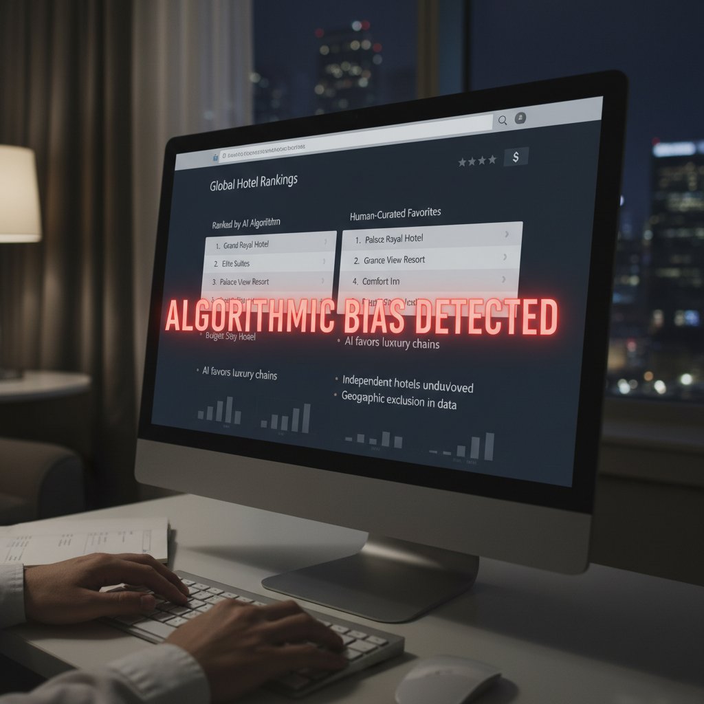 Photo of a computer screen showing a manipulated ranking list for hotels, hinting at bias