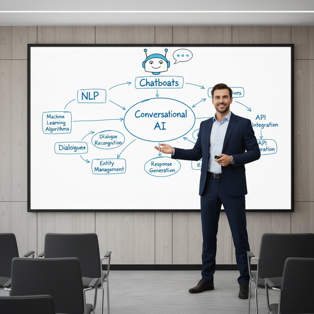 Confident businessperson presenting technical chatbot terms on a whiteboard