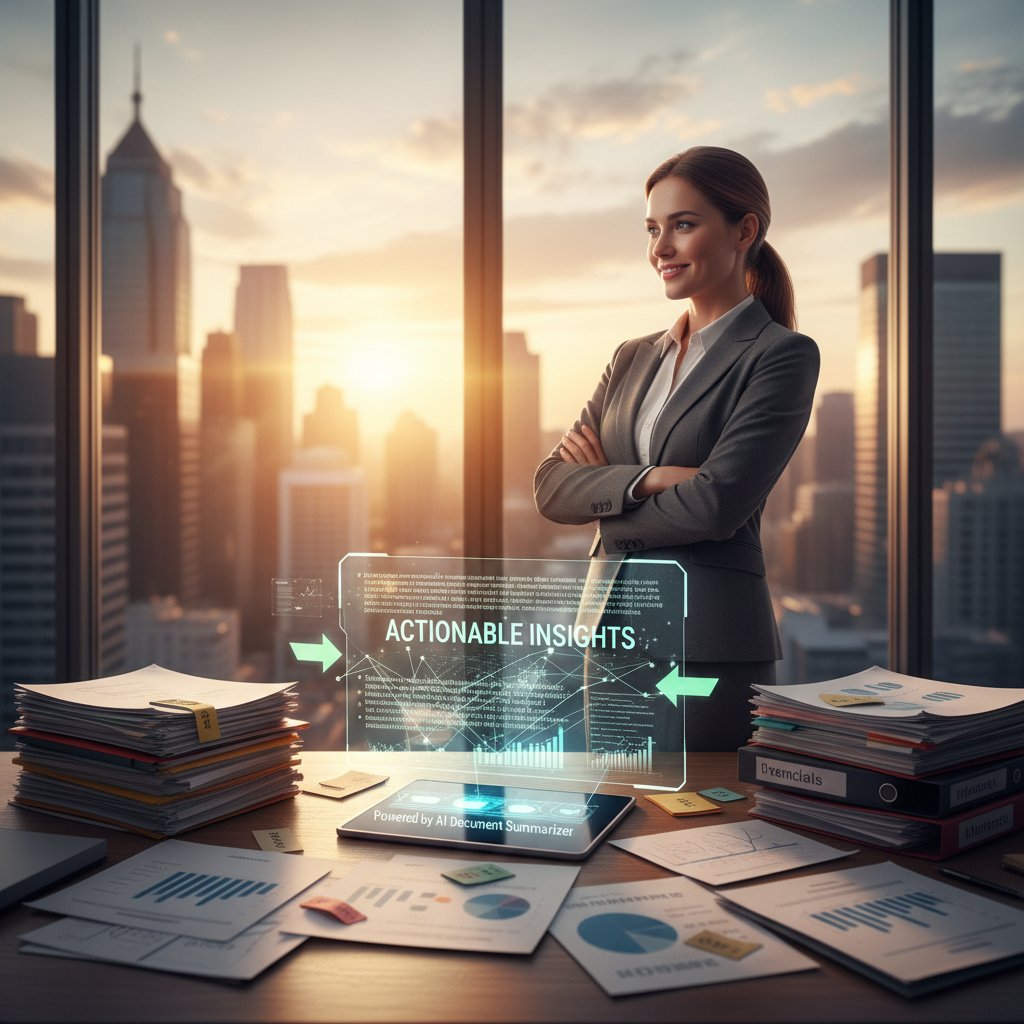 Confident executive standing atop sorted documents, sunrise in background, symbolizing mastery of actionable insights with document summarizer