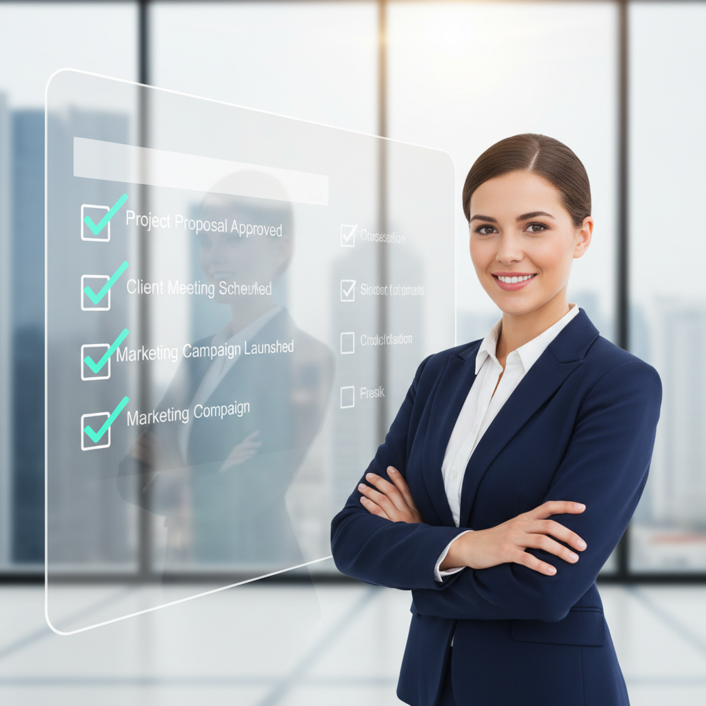 Professional using a checklist to implement document summarizer, confident, sleek interface, bright