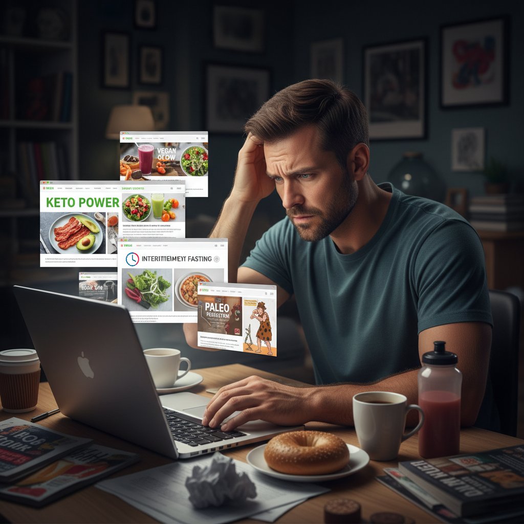 Mężczyzna zdezorientowany wyborem z wielu diet online na laptopie