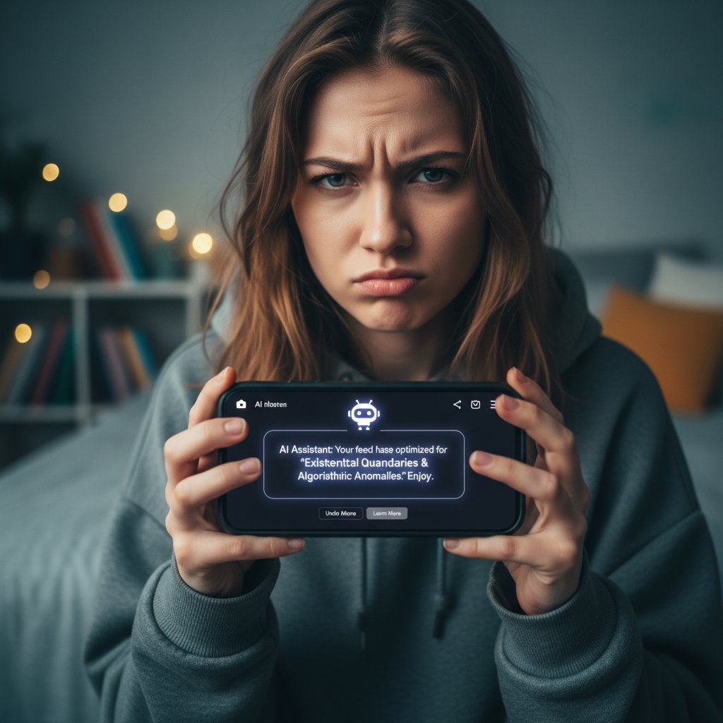Młoda kobieta zdezorientowana podczas czytania wiadomości od influencera na telefonie, widoczny ekran z emotikonami i AI